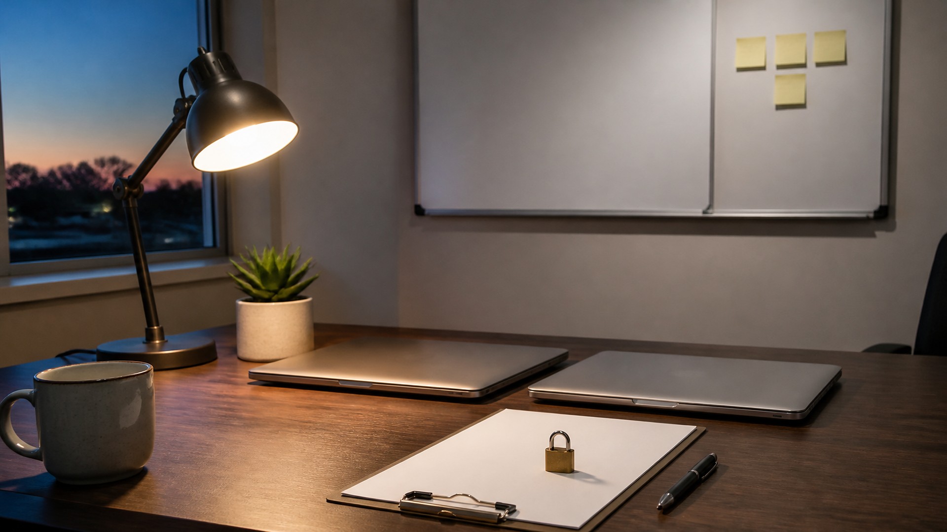 Small office desk at dusk lit by a black desk lamp: two closed silver laptops with no logos side by side, a blank white sheet on a clipboard with a small brass padlock resting on it, a black pen, a gray ceramic mug and a potted succulent; behind, a blank whiteboard with four blank yellow sticky notes, a black office chair and a window with an orange and blue evening sky over trees; no people, no logos, no readable text