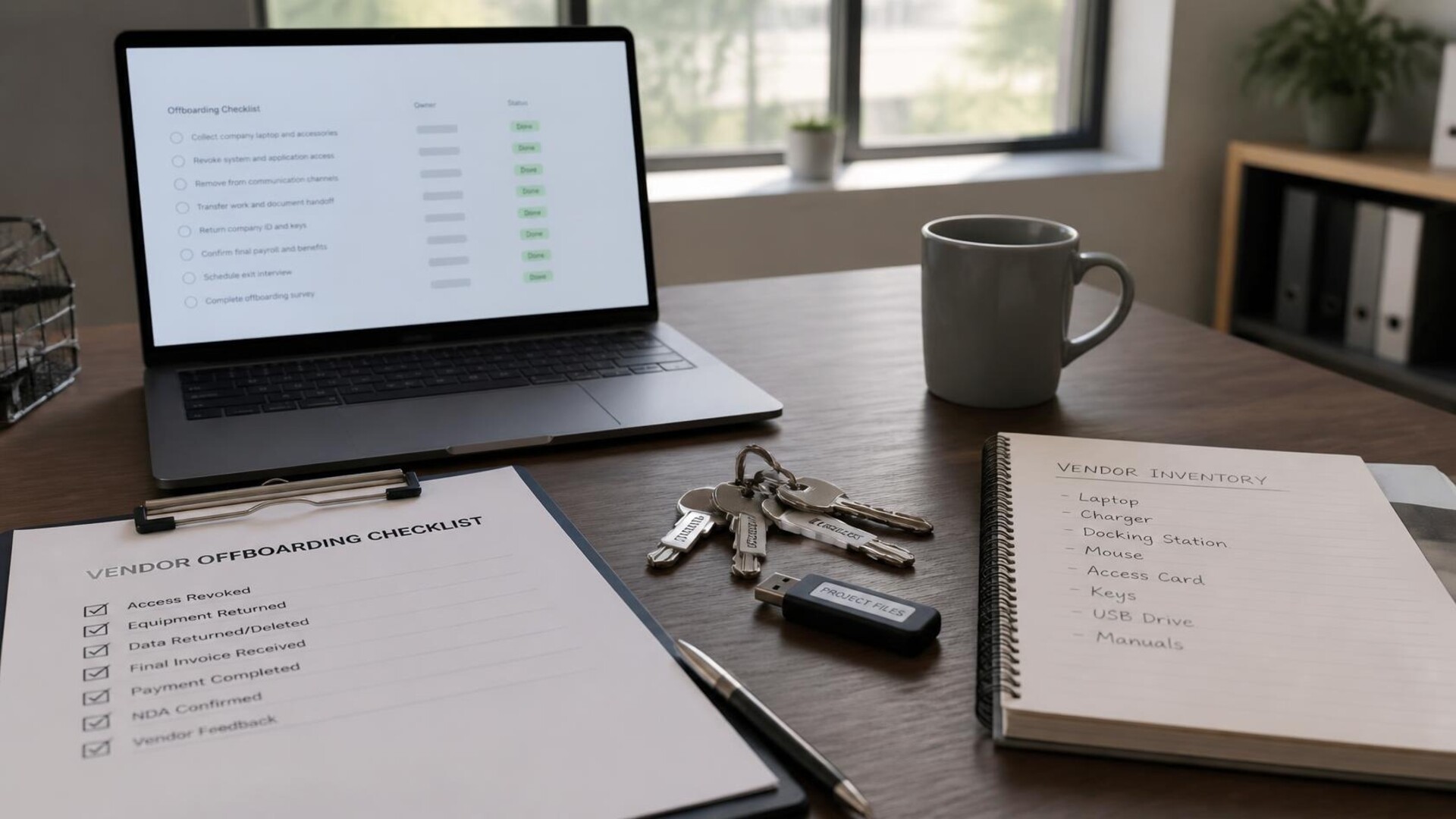 Escritorio de oficina moderno y limpio con laptop mostrando una lista de verificación, portapapeles de baja de proveedor, llaves y USB etiquetados, cuaderno con inventario y taza de café en luz suave de mañana
