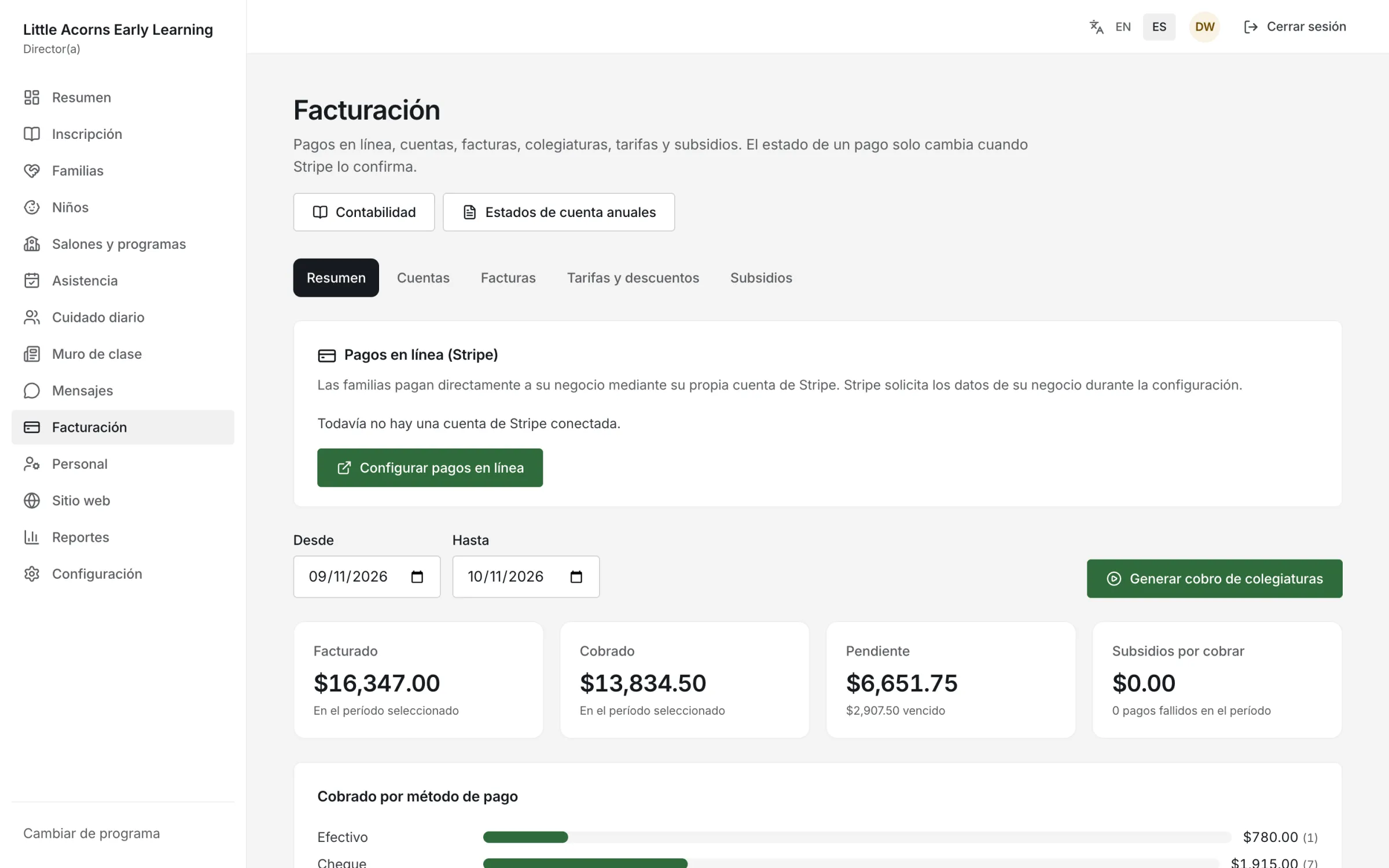 Panel de Nestunzo con lo facturado, cobrado y pendiente de colegiaturas de un programa