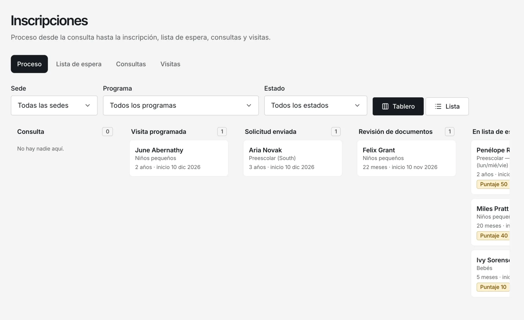 Tablero de inscripción de Nestunzo con columnas de visita agendada, solicitud, revisión de documentos y lista de espera