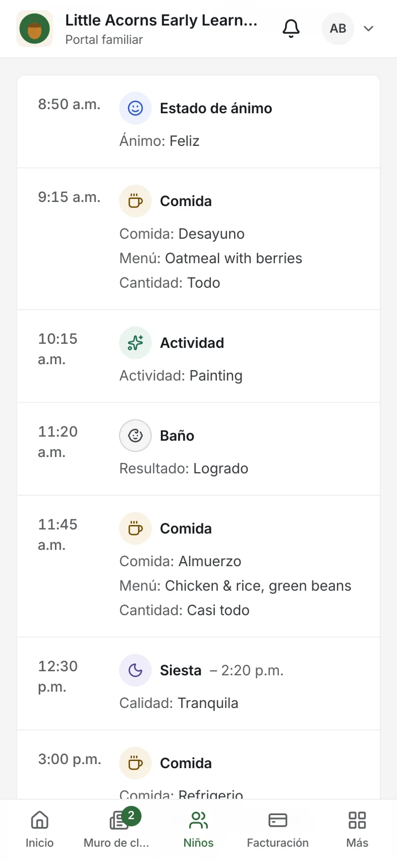 Aplicación familiar de Nestunzo con el reporte diario de un niño: ánimo, comidas y actividades