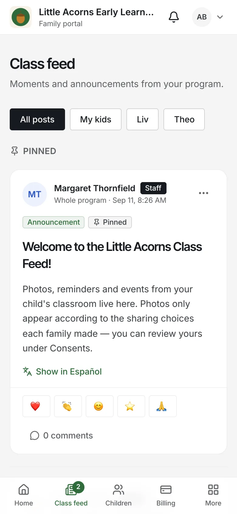 Nestunzo family app showing the class feed with a pinned welcome announcement